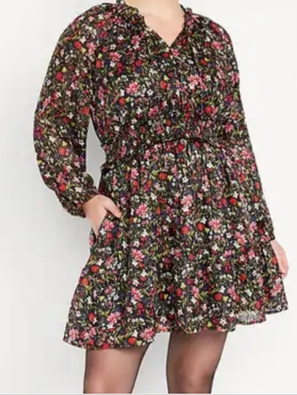 Old Navy Waist-Defined Floral Shine Boho Tie Neck Ruffled Mini Dress Sz XXL Euc